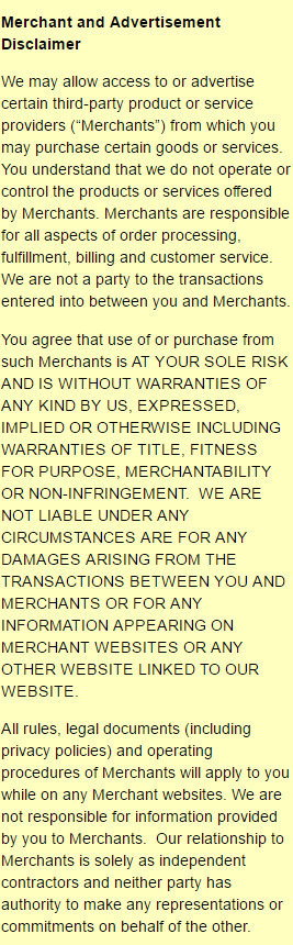 Advertisement and Merchant Disclaimer